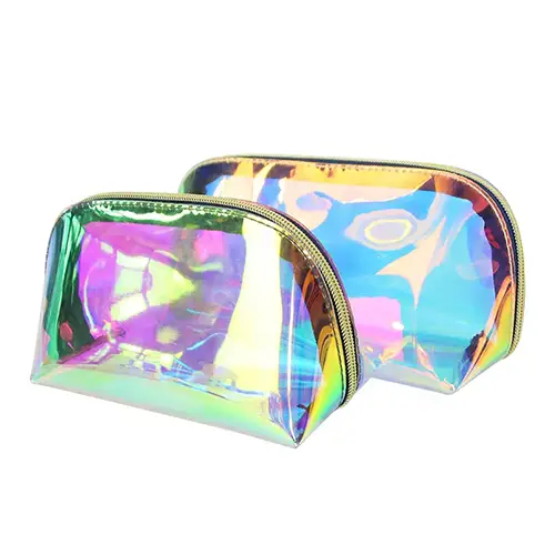 Bearky Luxury Elegant PVC Custom Clear Zipper Holographic Waterproof Large Travel Cosmetic Pouch Makeup Bag